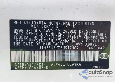 2007 Toyota Camry Ce/Le/Xle/Se from USA, damaged, VIN 4T1BE46K77U547162